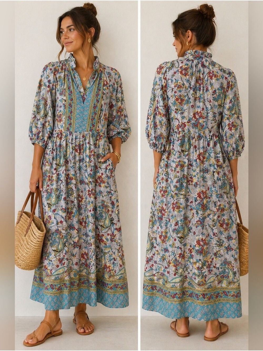 Paani Boho Paisley Dress Gray Blue Red Tiered Midi Cottagecore Small